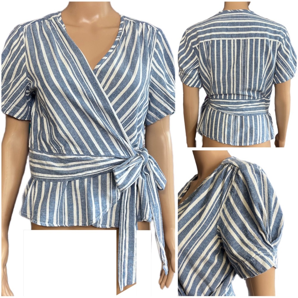 Max Studio Striped Wrap Peplum Linen Cotton Blouse Top Sz Large